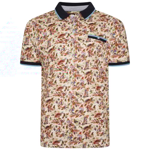 KAM Parrot Digital Print Jersey Polo Ecru